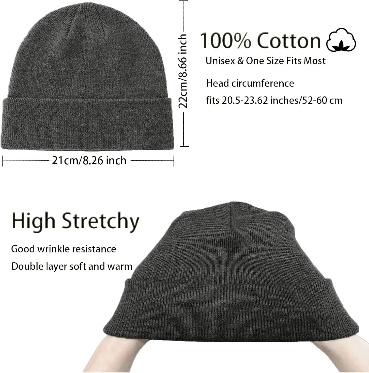 100% Cotton Beanie Hats for Women Men Winter Soft Warm Knit Cuffed Hats Fisherman Beanie Skull Cap Unisex