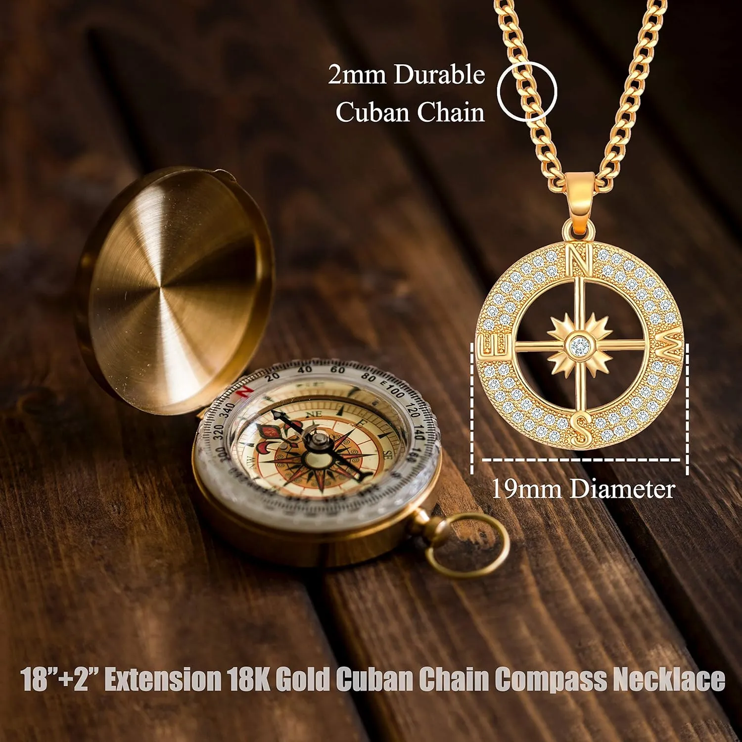 18k Gold Chain Link Necklace for Women, Baroque Pearl/Compass Pendant Necklace
