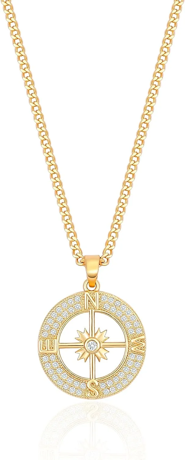 18k Gold Chain Link Necklace for Women, Baroque Pearl/Compass Pendant Necklace