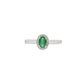 18KT White Gold Oval Emerald Halo Ring with Diamonds