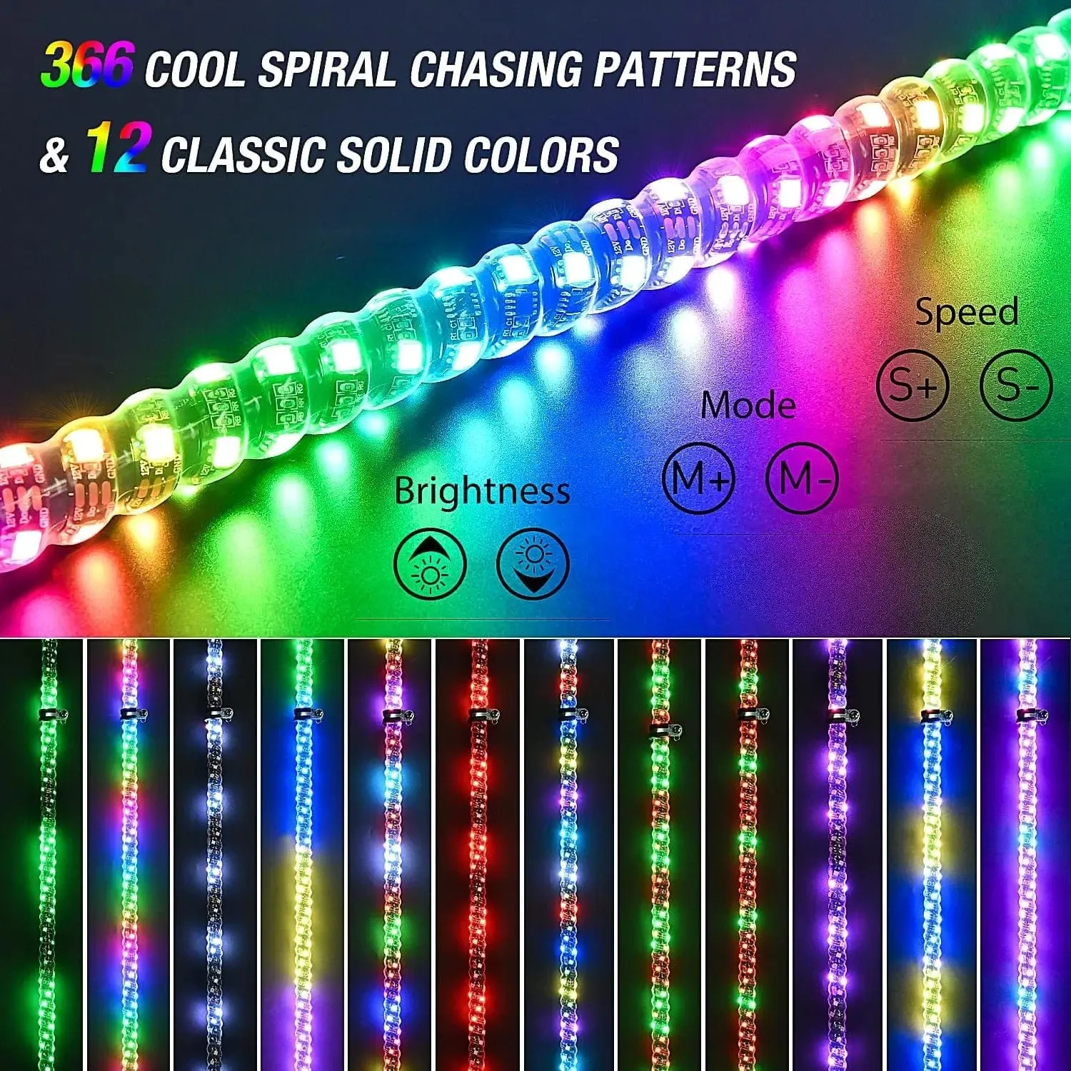 2Pcs 2FT Spiral Antenna Led Whip Light RF Remote Control | 8.6FT Wire 5Pin Switch