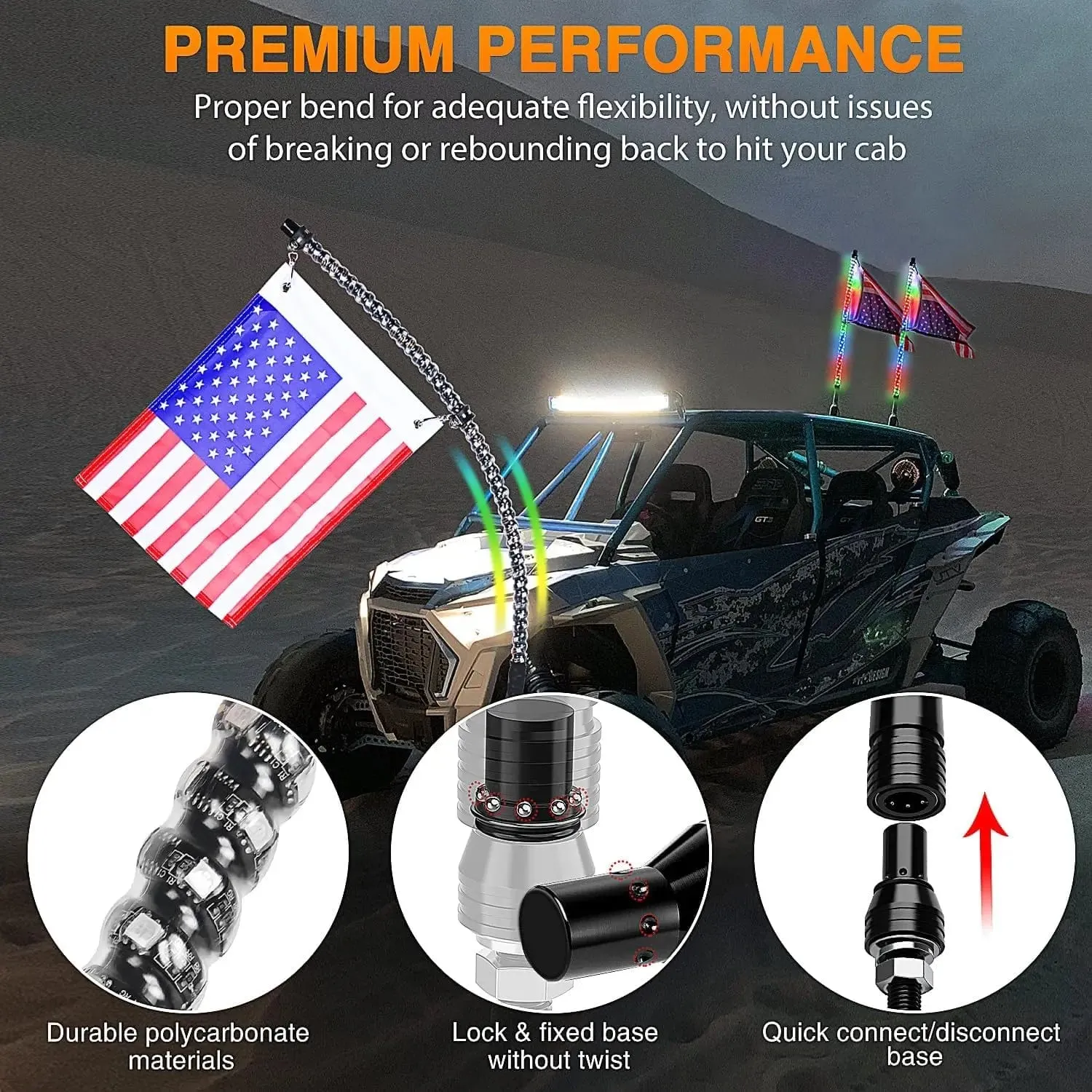 2Pcs 2FT Spiral Antenna Led Whip Light RF Remote Control | 8.6FT Wire 5Pin Switch