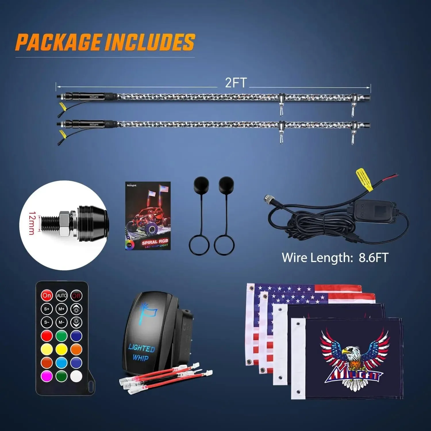 2Pcs 2FT Spiral Antenna Led Whip Light RF Remote Control | 8.6FT Wire 5Pin Switch