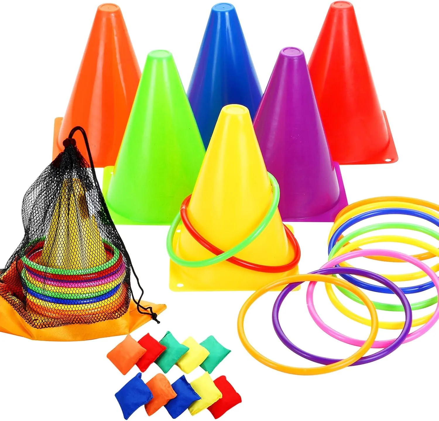 3 in 1 Plastic Cones Ring Toss Game for Kids Cornhole Bean Bags Yard Game Set Kids Indoor&Outdoor Game Set26 Pieces