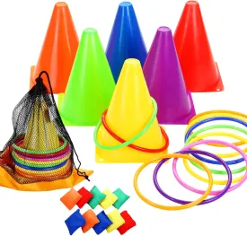 3 in 1 Plastic Cones Ring Toss Game for Kids Cornhole Bean Bags Yard Game Set Kids Indoor&Outdoor Game Set26 Pieces