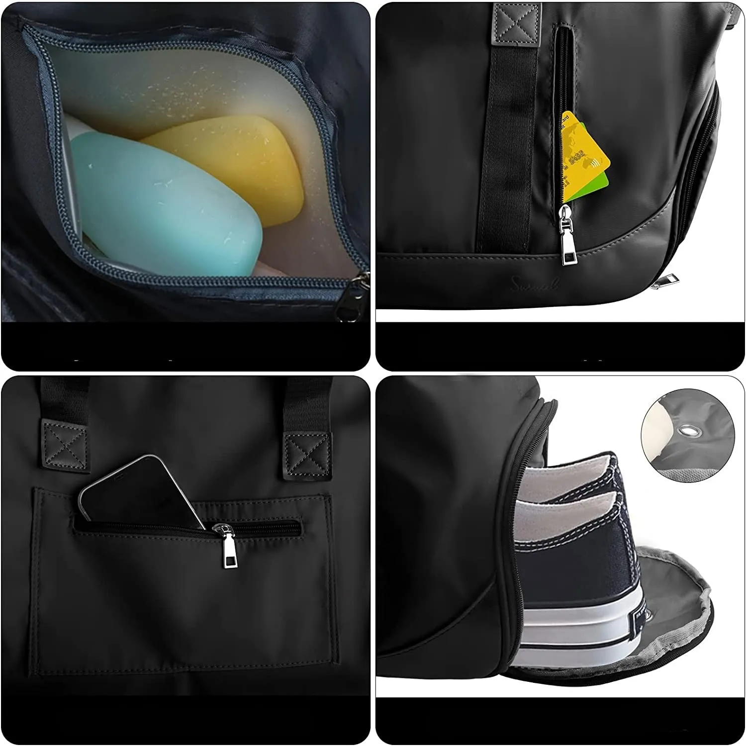 (42x20cm) Water-repellent sports bag Travel bag with shoe / wet compartment - Black