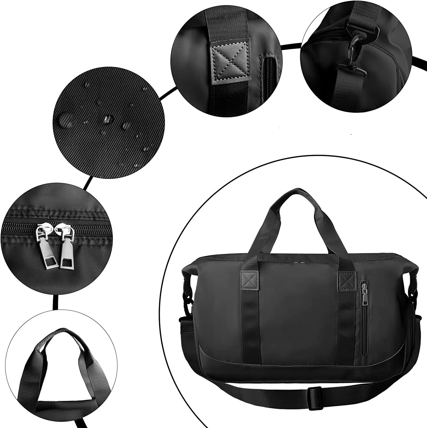 (42x20cm) Water-repellent sports bag Travel bag with shoe / wet compartment - Black