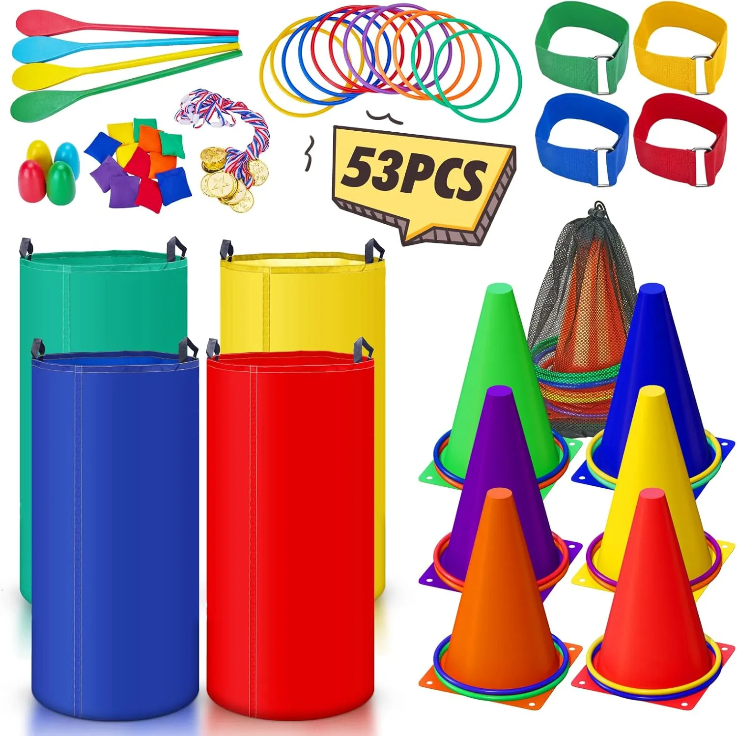 53PCS Outdoor Lawn Carnival Games Bean Bags Ring Toss Set Potato Sack Race Bags Egg and Spoon Race Party for Kid Adult FamilyBirthday Party Family Reunion Outside Field Day Easter Games