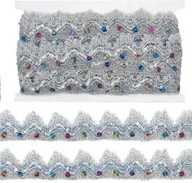 9.8 Yard Shiny Beaded Lace Trim Sequins Ribbon Vintage Decorative Wedding DIY Craft Sewing Fabric (Silver)