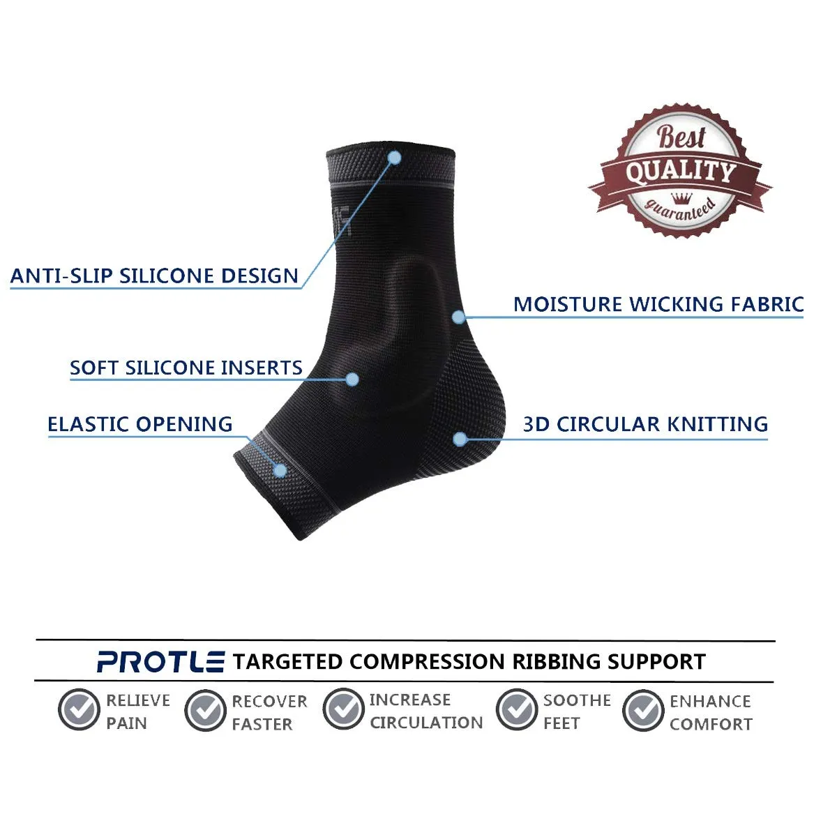 Adjustable Foot Socks, Ankle Brace Compression Support Sleeve with Silicone Gel, Arch Support - Boosts Recovery from Joint Pain, Sprain, Plantar Fasciitis (Black-Large)