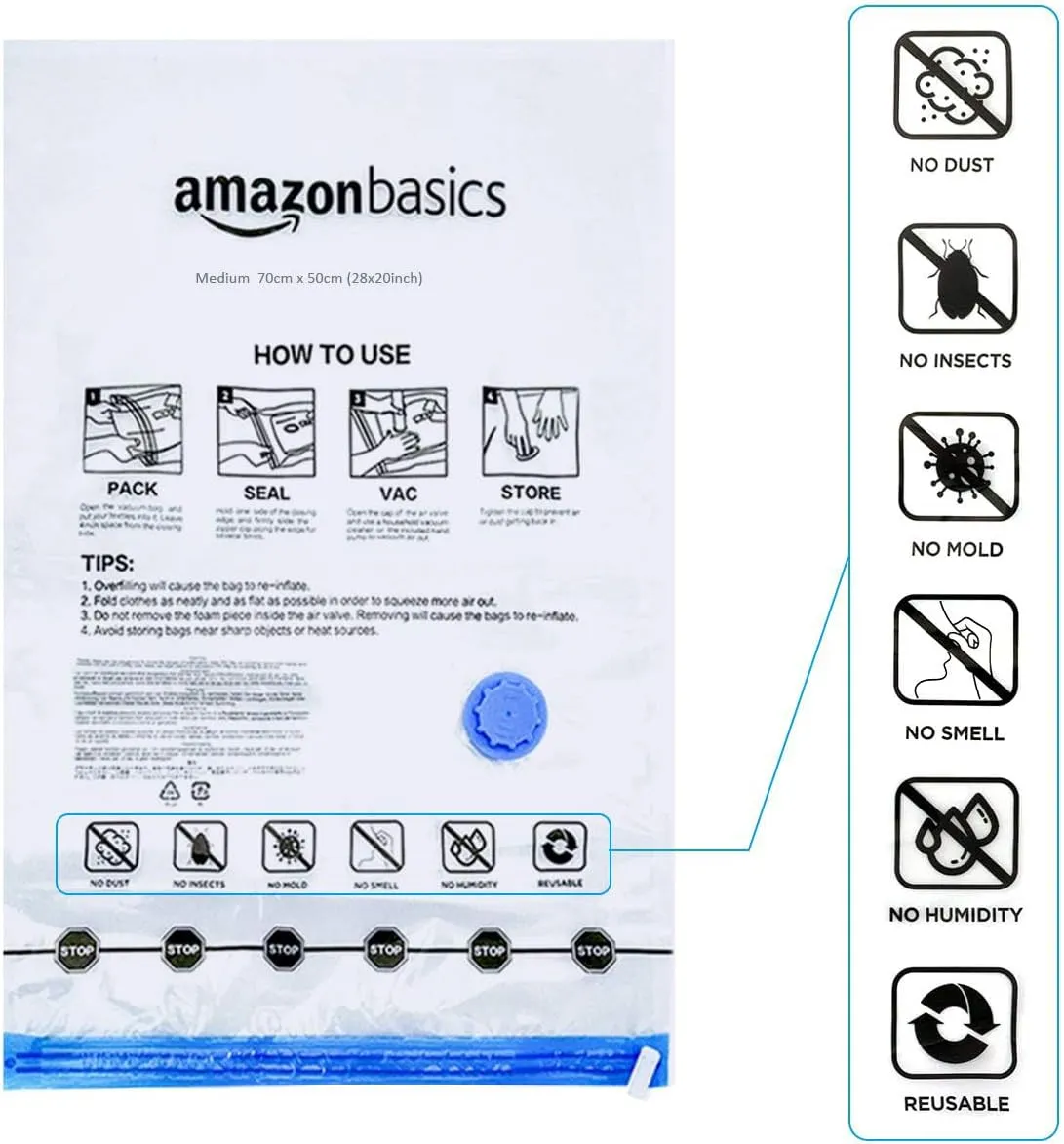 Amazon Basics Vacuum Compression Space Saving Storage Bags with Hand Pump for Travel, Multiple Sizes for Clothes and Blankets, Clear, 20 Pack (5 Small, 5 Medium, 5 Large & 5 Jumbo)