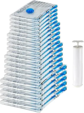 Amazon Basics Vacuum Compression Space Saving Storage Bags with Hand Pump for Travel, Multiple Sizes for Clothes and Blankets, Clear, 20 Pack (5 Small, 5 Medium, 5 Large & 5 Jumbo)