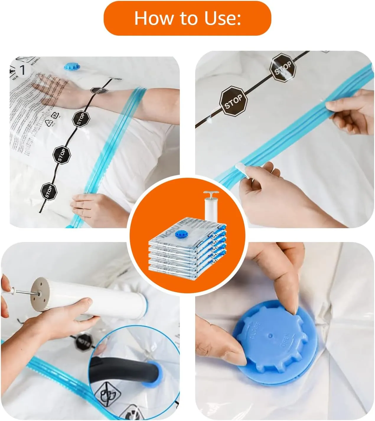 Amazon Basics Vacuum Compression Space Saving Storage Bags with Hand Pump for Travel, Multiple Sizes for Clothes and Blankets, Clear, 20 Pack (5 Small, 5 Medium, 5 Large & 5 Jumbo)