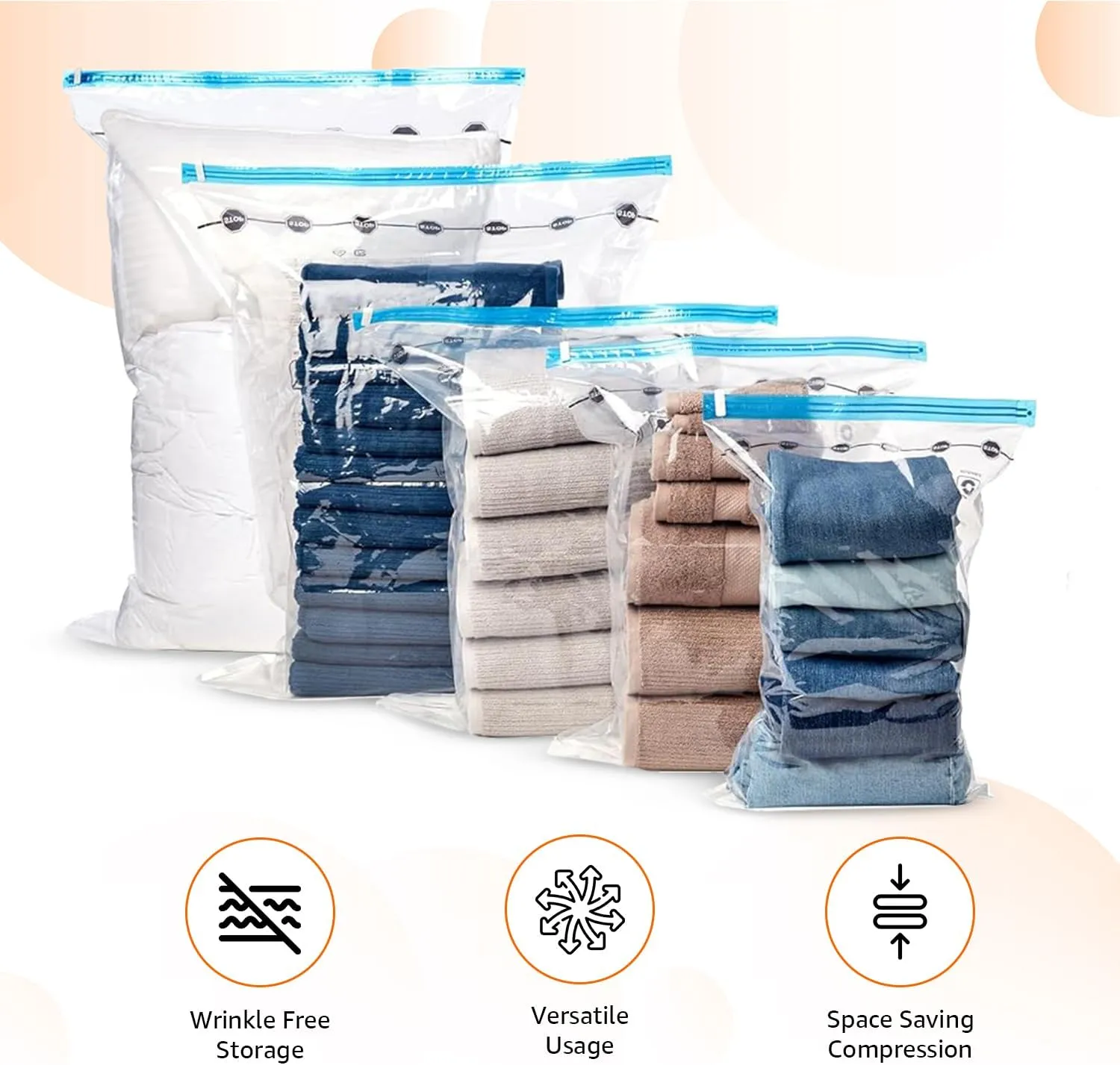 Amazon Basics Vacuum Compression Space Saving Storage Bags with Hand Pump for Travel, Multiple Sizes for Clothes and Blankets, Clear, 20 Pack (5 Small, 5 Medium, 5 Large & 5 Jumbo)