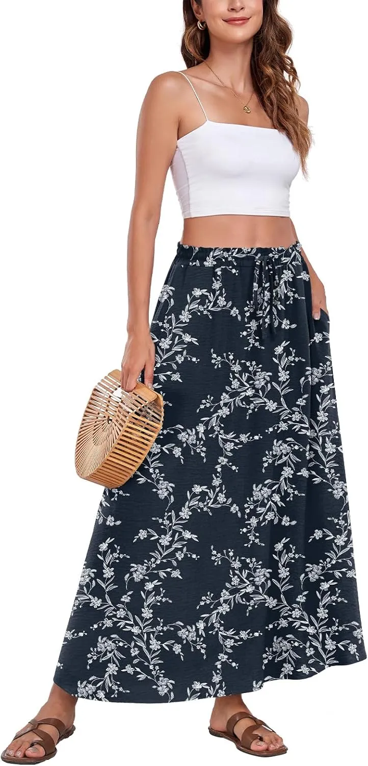 Aodemo Women's Flowy Maxi Skirt Summer Boho Pleated Elastic Waisted Casual Beach Long Skirts with Pockets