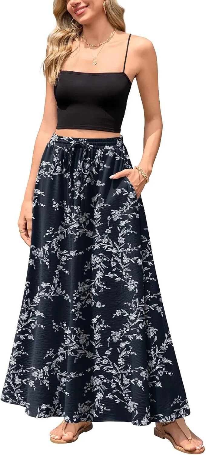 Aodemo Women's Flowy Maxi Skirt Summer Boho Pleated Elastic Waisted Casual Beach Long Skirts with Pockets