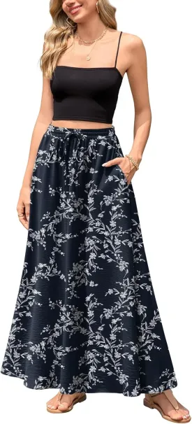 Aodemo Women's Flowy Maxi Skirt Summer Boho Pleated Elastic Waisted Casual Beach Long Skirts with Pockets