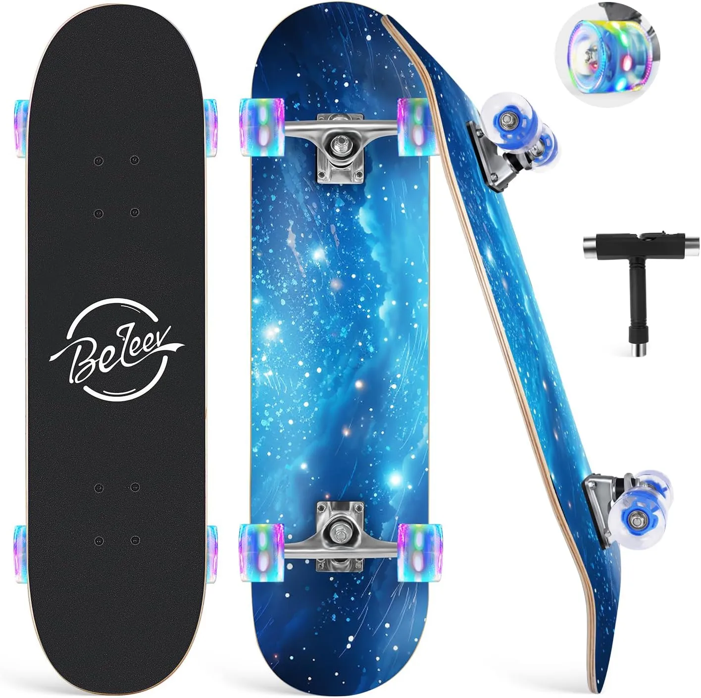 BELEEV Skateboards for Beginners, 31 x 8 inch Complete Skateboard for Kids Teens Adults, 7 Layer Canadian Maple Double Kick Deck Concave Cruiser Trick Skateboard with Multifunction Skate T-Tool