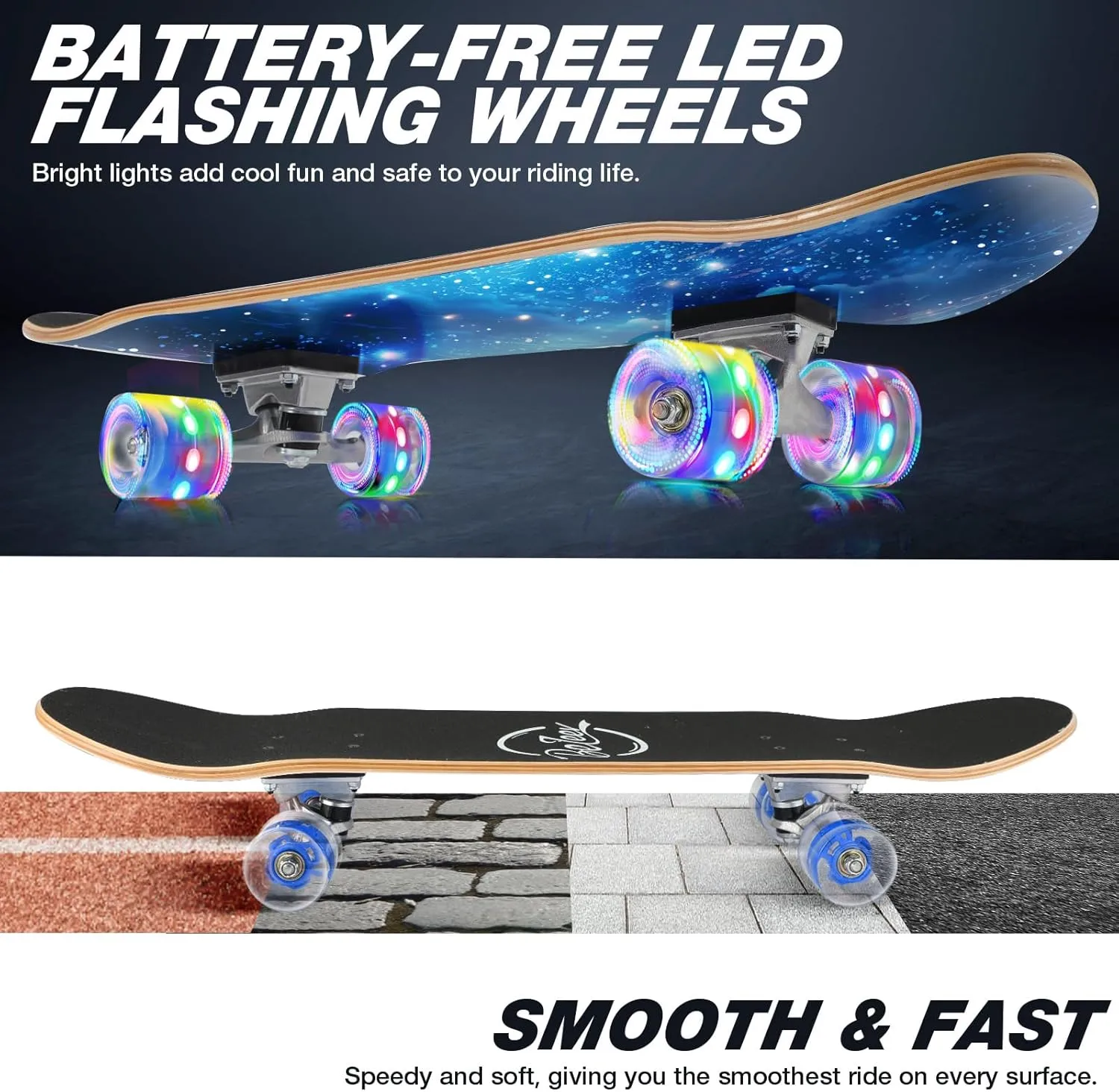 BELEEV Skateboards for Beginners, 31 x 8 inch Complete Skateboard for Kids Teens Adults, 7 Layer Canadian Maple Double Kick Deck Concave Cruiser Trick Skateboard with Multifunction Skate T-Tool