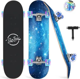 BELEEV Skateboards for Beginners, 31 x 8 inch Complete Skateboard for Kids Teens Adults, 7 Layer Canadian Maple Double Kick Deck Concave Cruiser Trick Skateboard with Multifunction Skate T-Tool