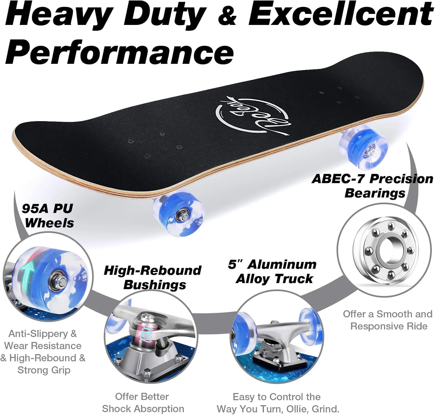 BELEEV Skateboards for Beginners, 31 x 8 inch Complete Skateboard for Kids Teens Adults, 7 Layer Canadian Maple Double Kick Deck Concave Cruiser Trick Skateboard with Multifunction Skate T-Tool