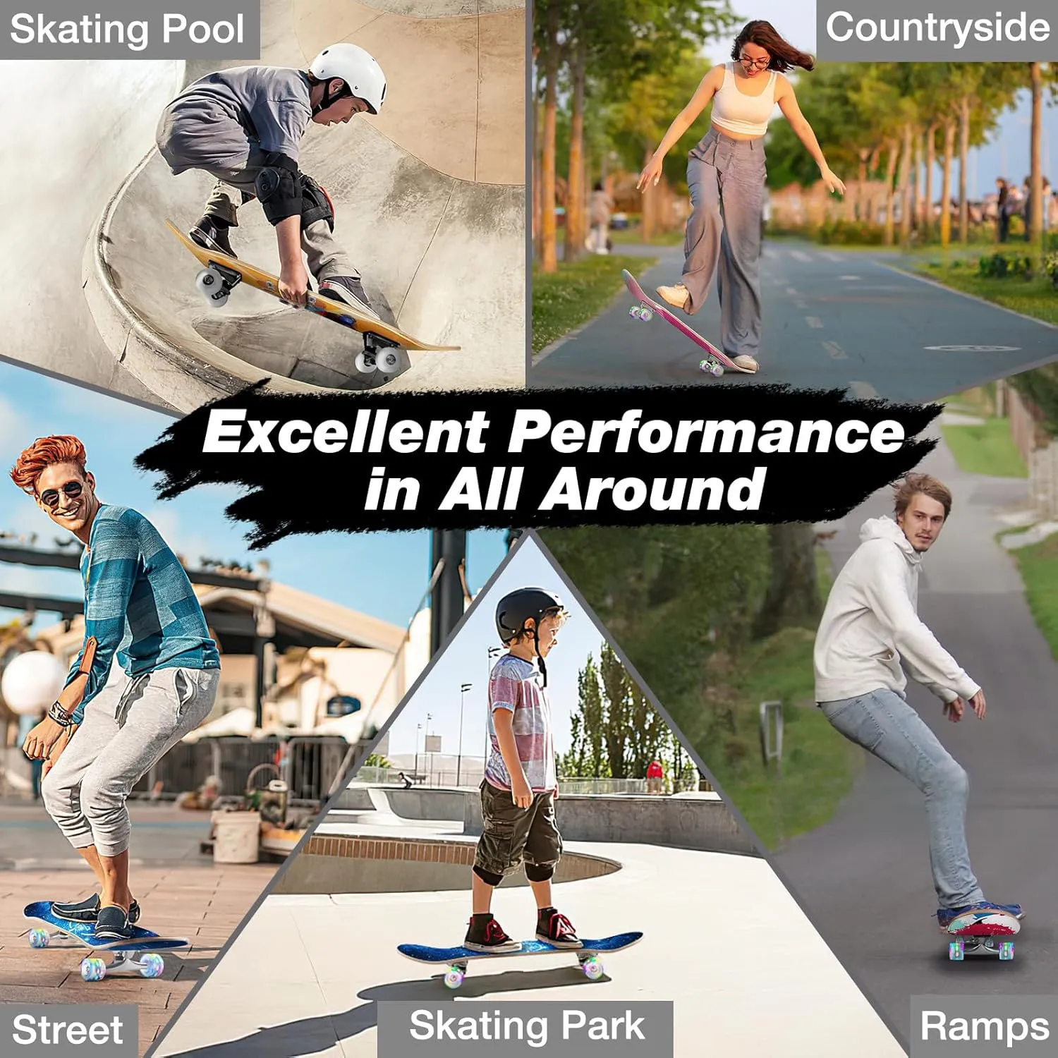 BELEEV Skateboards for Beginners, 31 x 8 inch Complete Skateboard for Kids Teens Adults, 7 Layer Canadian Maple Double Kick Deck Concave Cruiser Trick Skateboard with Multifunction Skate T-Tool