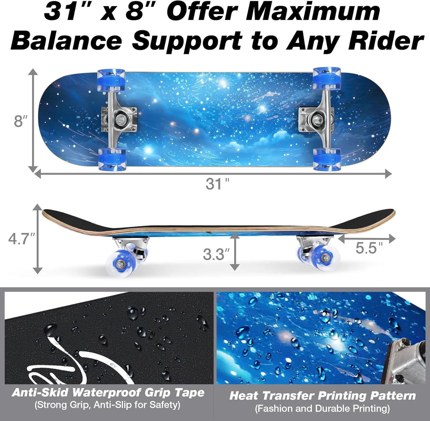 BELEEV Skateboards for Beginners, 31 x 8 inch Complete Skateboard for Kids Teens Adults, 7 Layer Canadian Maple Double Kick Deck Concave Cruiser Trick Skateboard with Multifunction Skate T-Tool