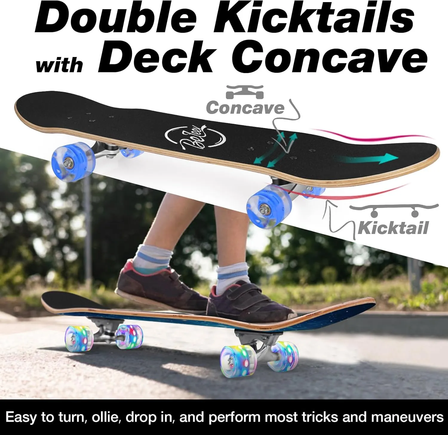 BELEEV Skateboards for Beginners, 31 x 8 inch Complete Skateboard for Kids Teens Adults, 7 Layer Canadian Maple Double Kick Deck Concave Cruiser Trick Skateboard with Multifunction Skate T-Tool