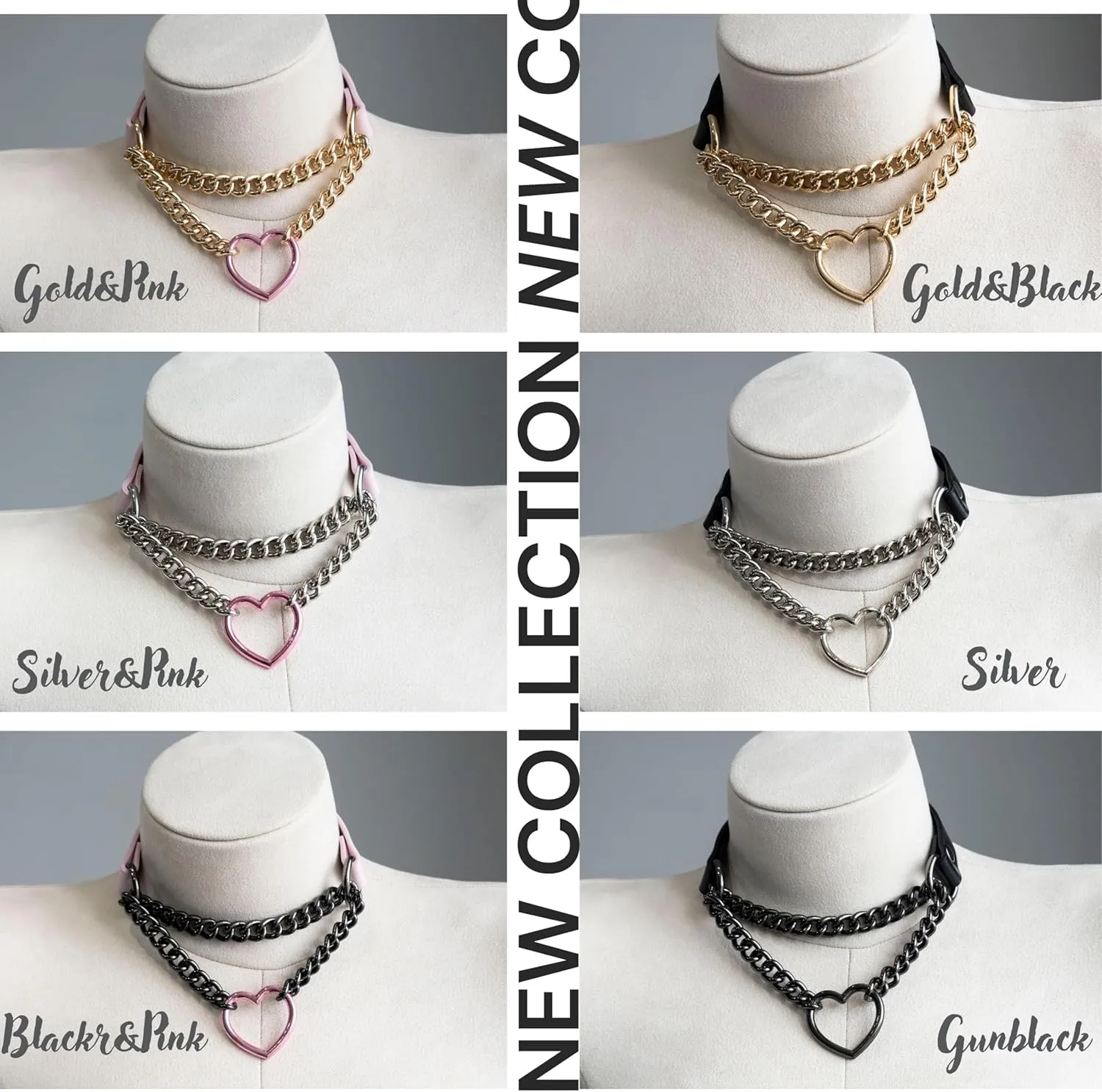 Black/Pink Leather Choker Necklace For Women, Handmade Adjustable Chain Collar with Metallic Heart Ring