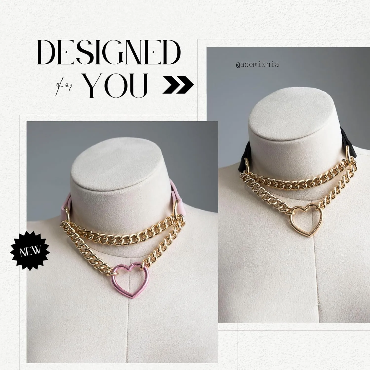 Black/Pink Leather Choker Necklace For Women, Handmade Adjustable Chain Collar with Metallic Heart Ring