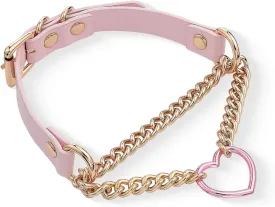 Black/Pink Leather Choker Necklace For Women, Handmade Adjustable Chain Collar with Metallic Heart Ring