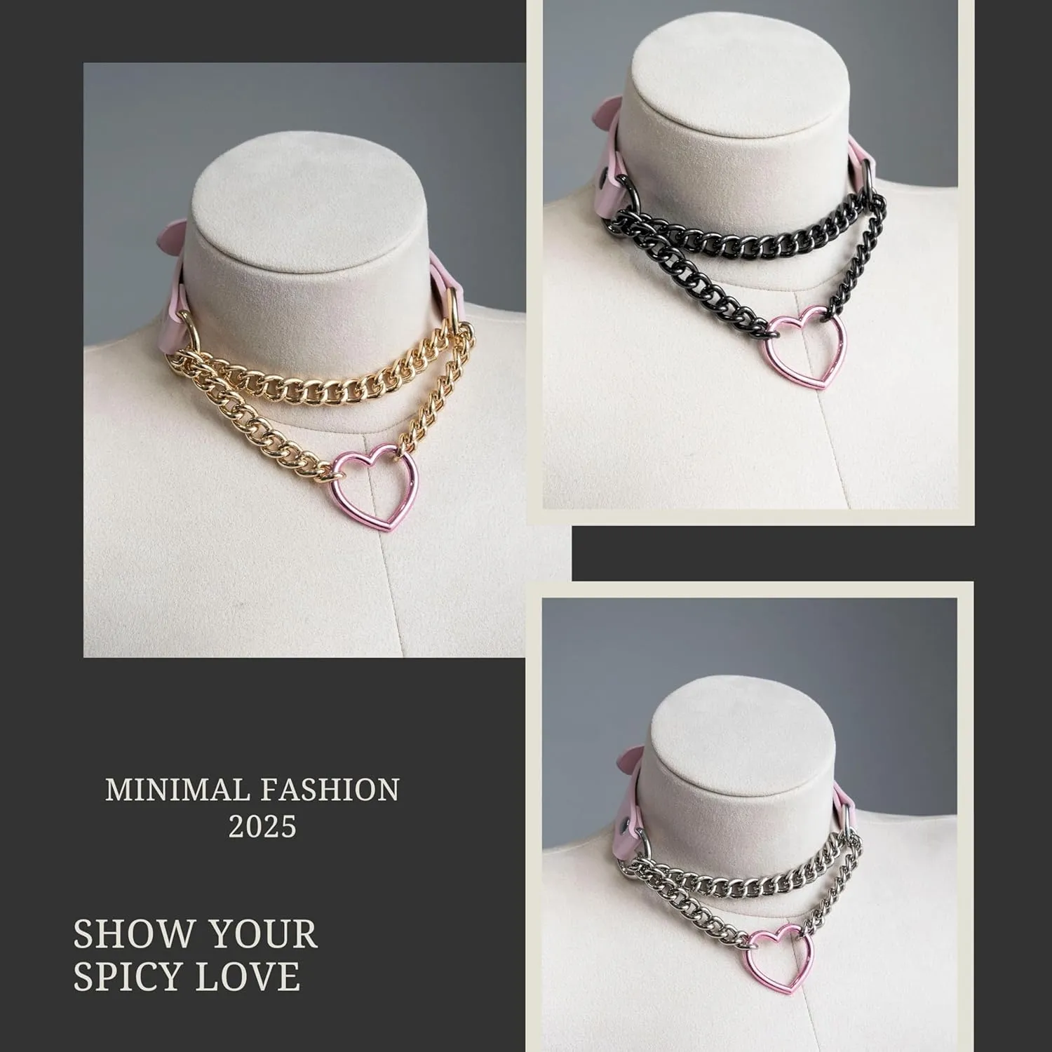 Black/Pink Leather Choker Necklace For Women, Handmade Adjustable Chain Collar with Metallic Heart Ring
