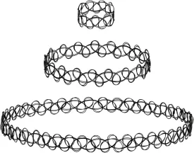 BodyJ4You 3PC Tattoo Choker Set Necklace Bracelet Ring - 90s Necklace 2000s Y2K Fashion Vintage - Stretchy Elastic Neck Lace Women's - Gothic Black Multicolor Rainbow - Classic Fashion Trend