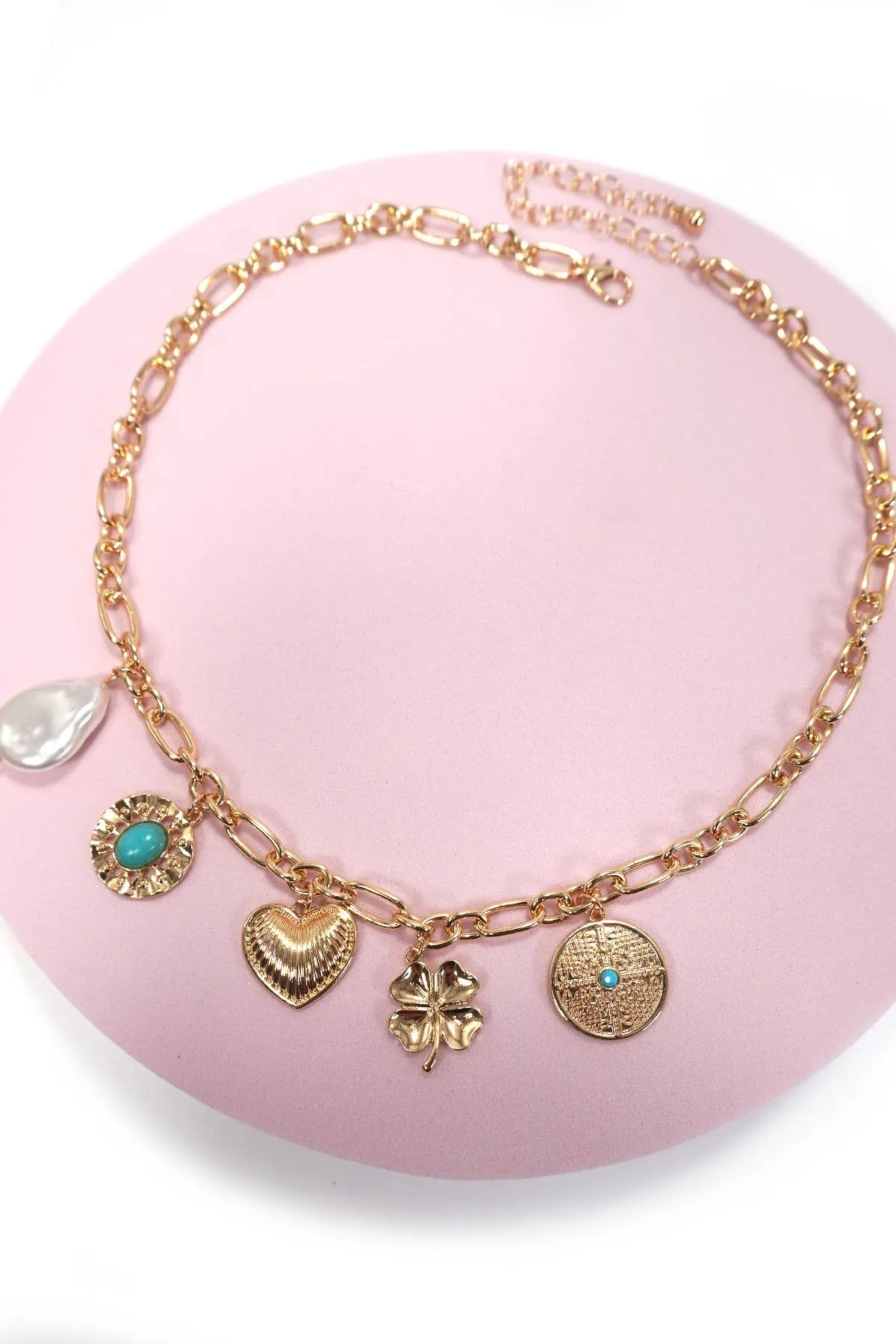 BOHO TURQ HEART PEARL CLOVER CHARM NECKLACE | 80N1183: Gold