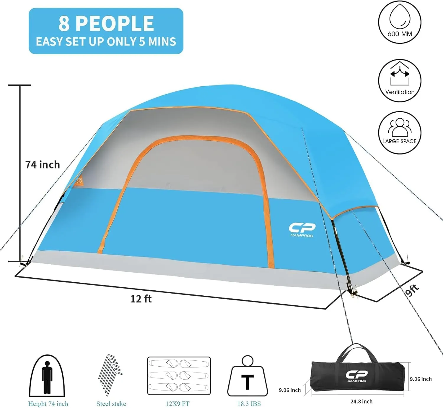 CAMPROS CP Tent 6/8 Person Camping Tents, Waterproof Windproof Family Tent with Top Rainfly, Large Mesh Windows, Double Layer, Easy Set Up, Portable with Carry Bag, for All Seasons