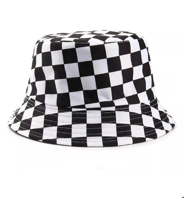 Checked Solid Black Unisex Summer Bucket Hat