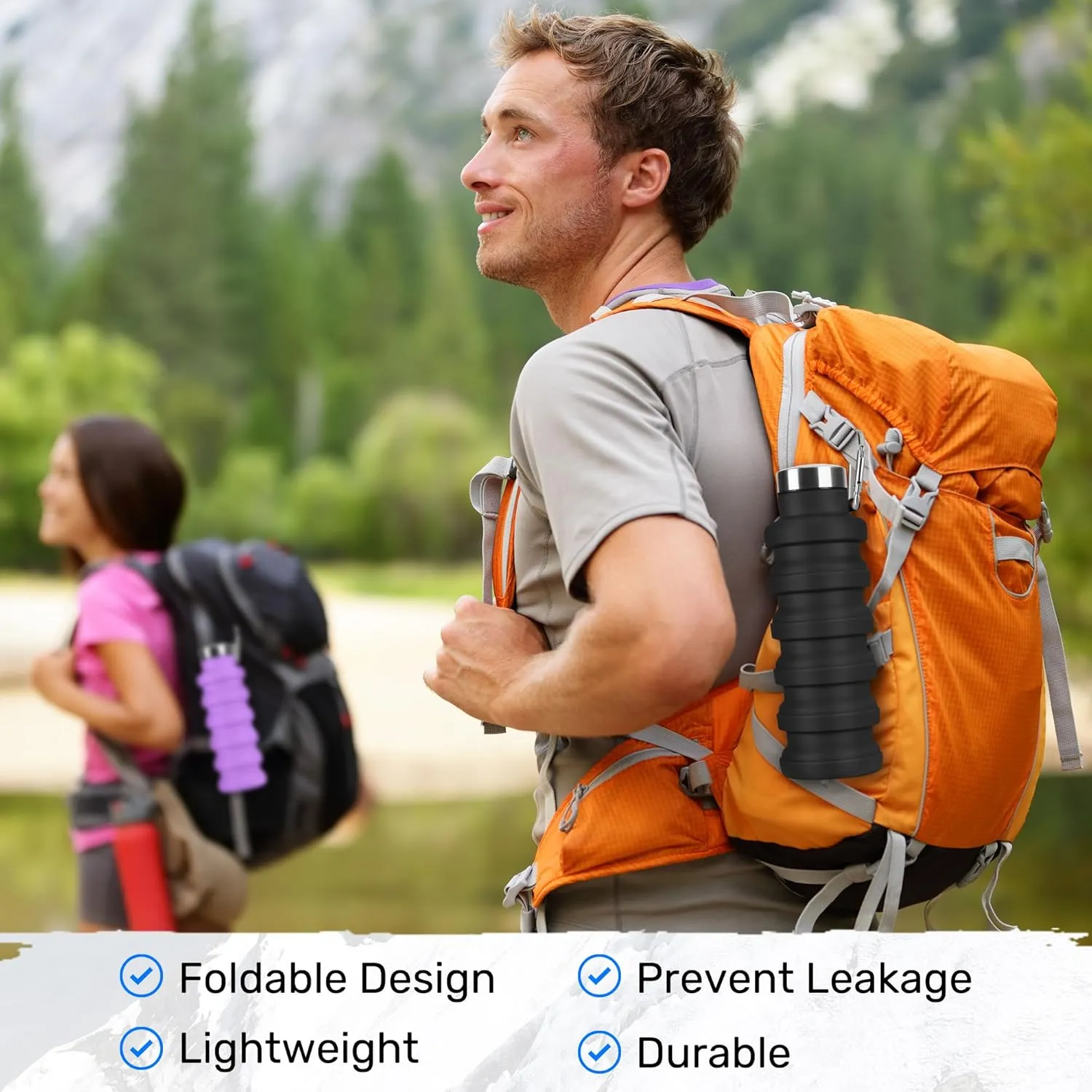 Collapsible Water Bottle, 16oz Portable Reusable Silicone Water Bottle, BPA-Free Leak-Proof Foldable Design with Carabiner, Lightweight Durable for Gym, Travel, Camping, Hiking, Sports-Black