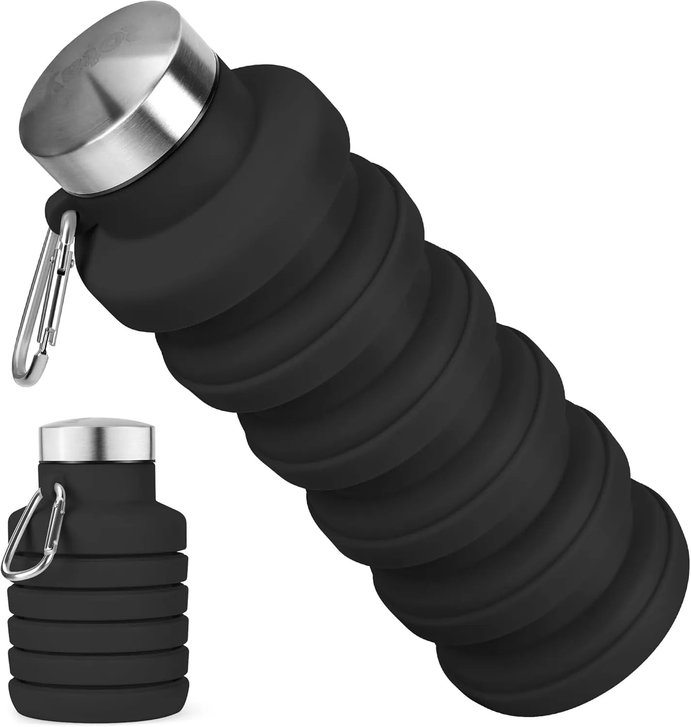 Collapsible Water Bottle, 16oz Portable Reusable Silicone Water Bottle, BPA-Free Leak-Proof Foldable Design with Carabiner, Lightweight Durable for Gym, Travel, Camping, Hiking, Sports-Black