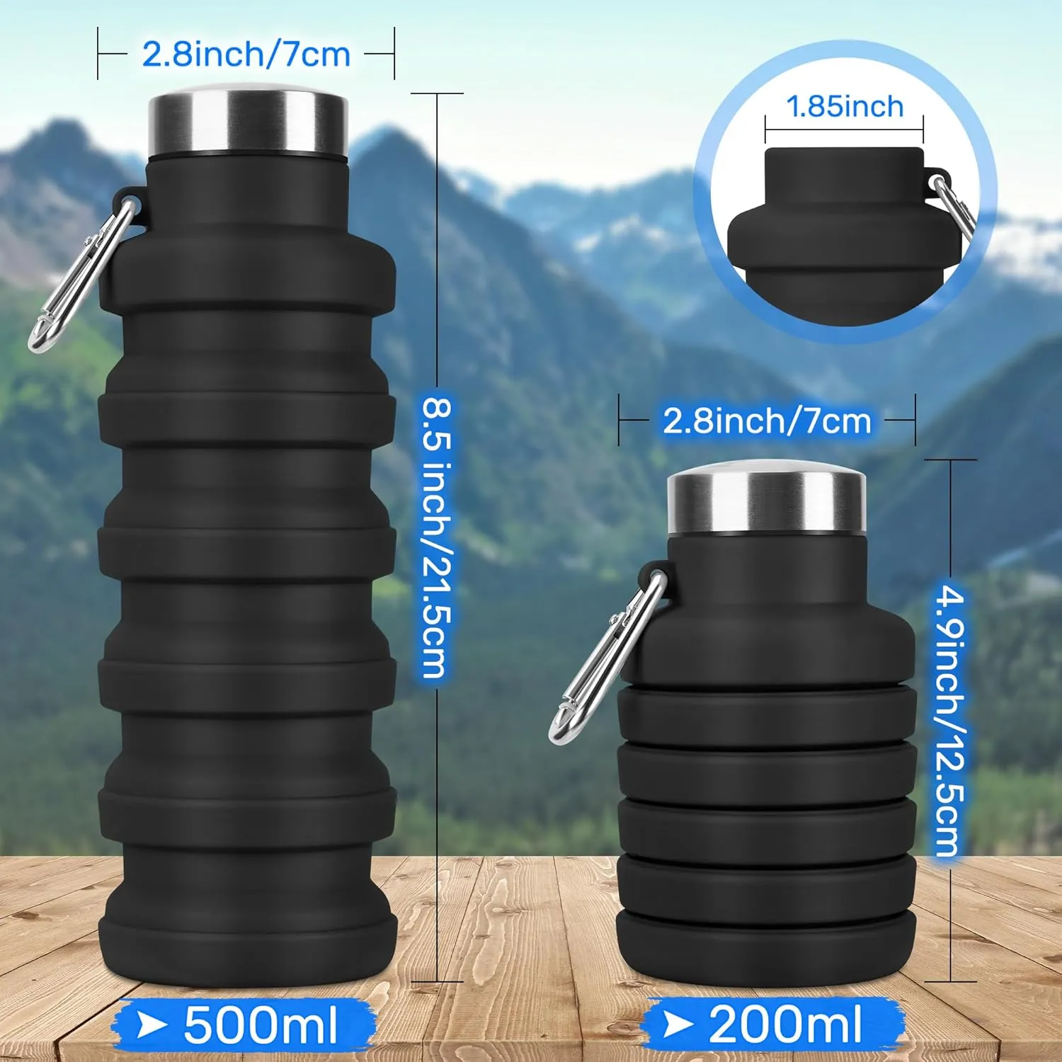 Collapsible Water Bottle, 16oz Portable Reusable Silicone Water Bottle, BPA-Free Leak-Proof Foldable Design with Carabiner, Lightweight Durable for Gym, Travel, Camping, Hiking, Sports-Black