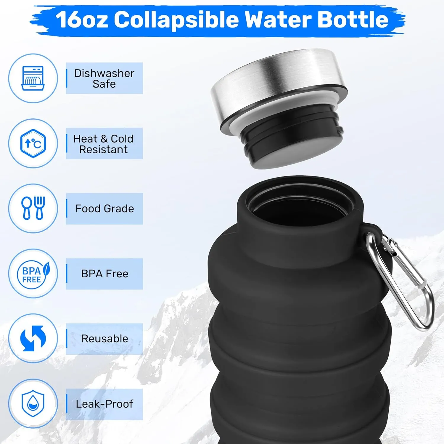 Collapsible Water Bottle, 16oz Portable Reusable Silicone Water Bottle, BPA-Free Leak-Proof Foldable Design with Carabiner, Lightweight Durable for Gym, Travel, Camping, Hiking, Sports-Black