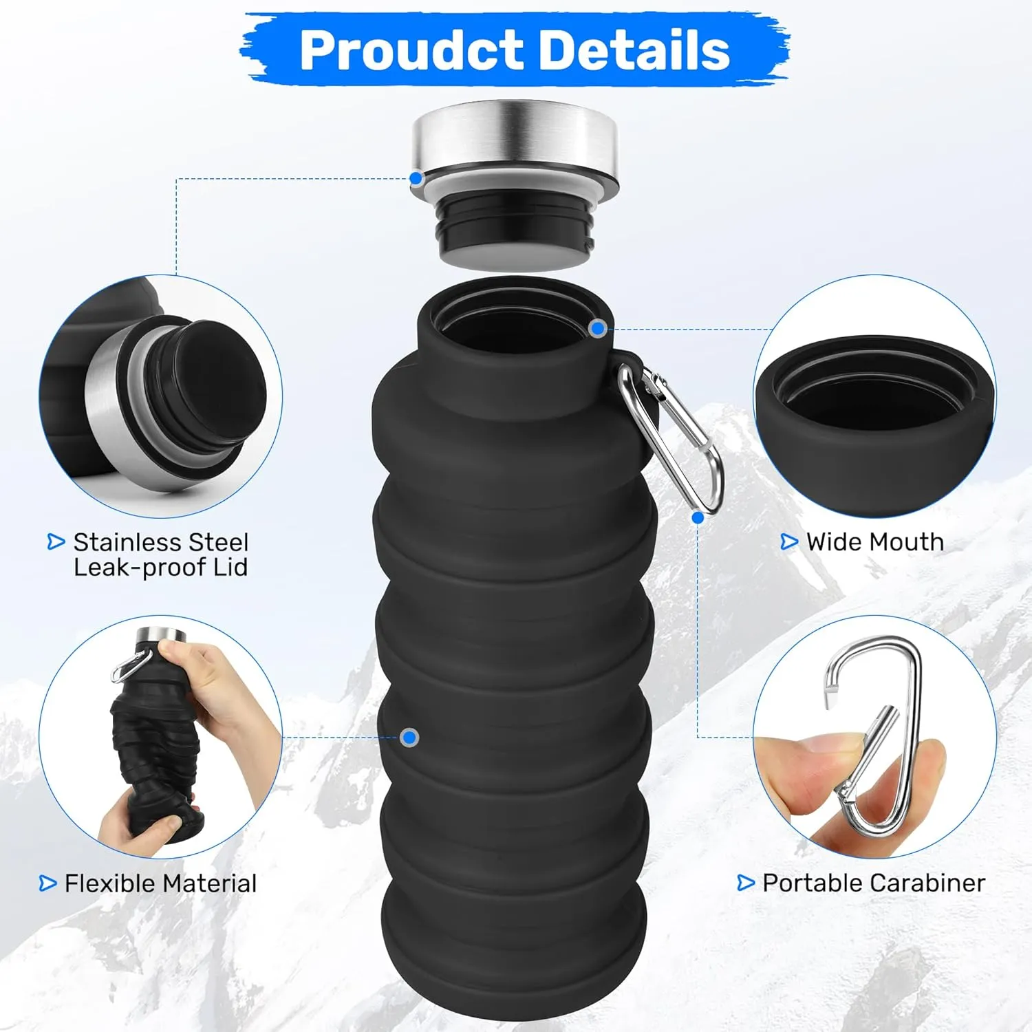 Collapsible Water Bottle, 16oz Portable Reusable Silicone Water Bottle, BPA-Free Leak-Proof Foldable Design with Carabiner, Lightweight Durable for Gym, Travel, Camping, Hiking, Sports-Black