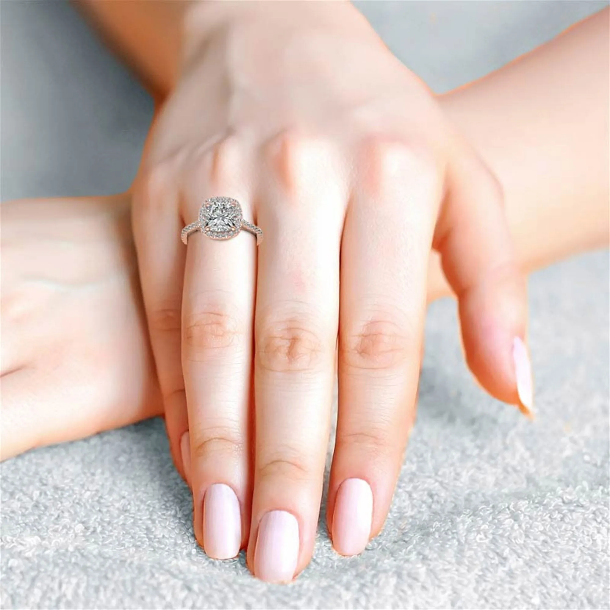 Cushion Cut Rose Gold Adjustable Sterling Silver Graceful Halo Solitaire Ring For Women