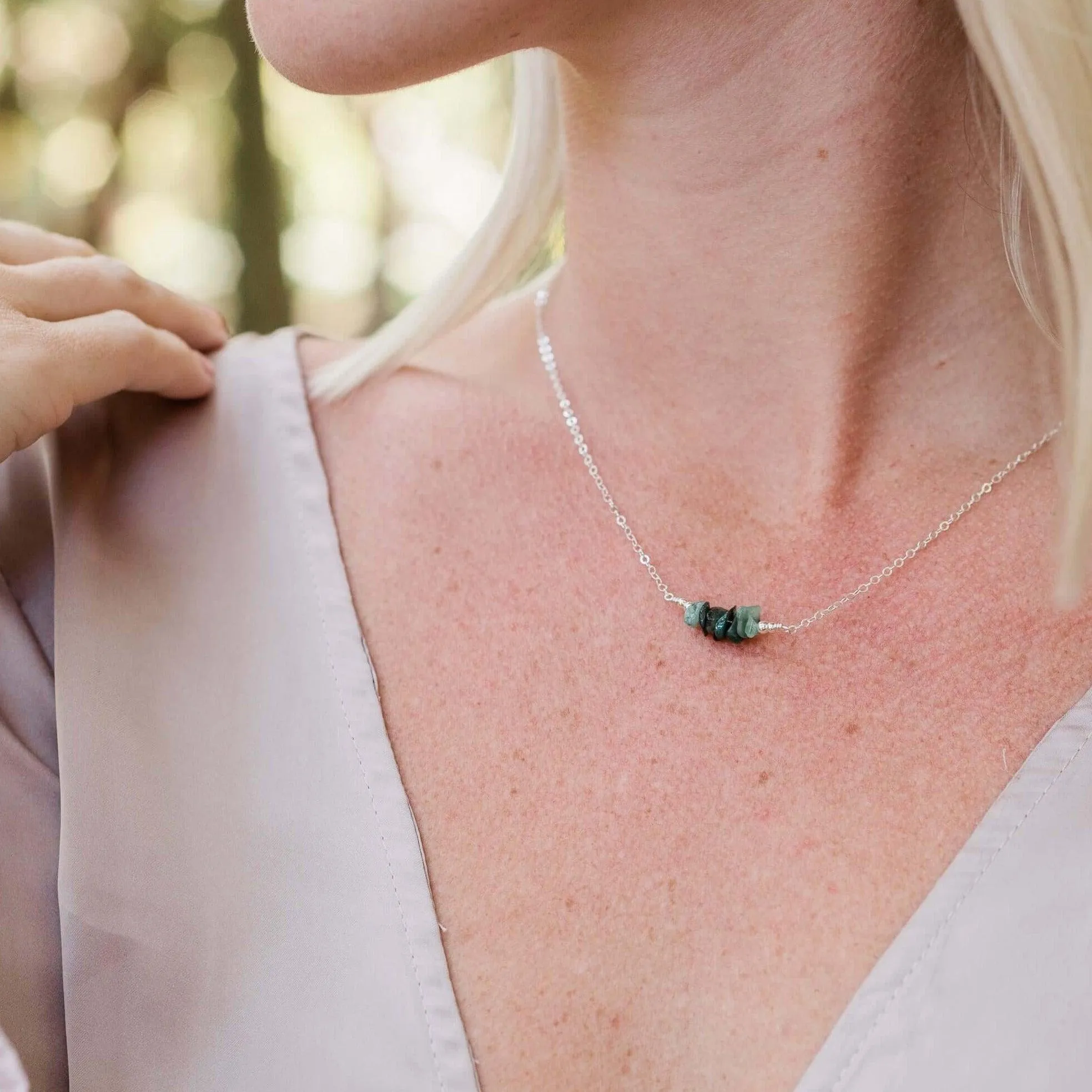 Emerald Chip Bead Bar Necklace