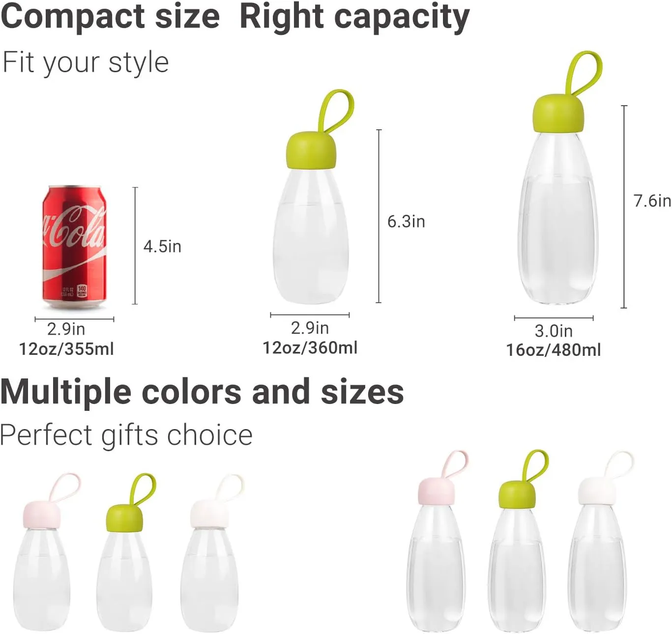 emoi BPA Free Water Bottle, 12oz/360ml Cute Water Bottle with Carrying Strap, Ideal for Kids Boys Girls Students Women Healthy Hydration-White
