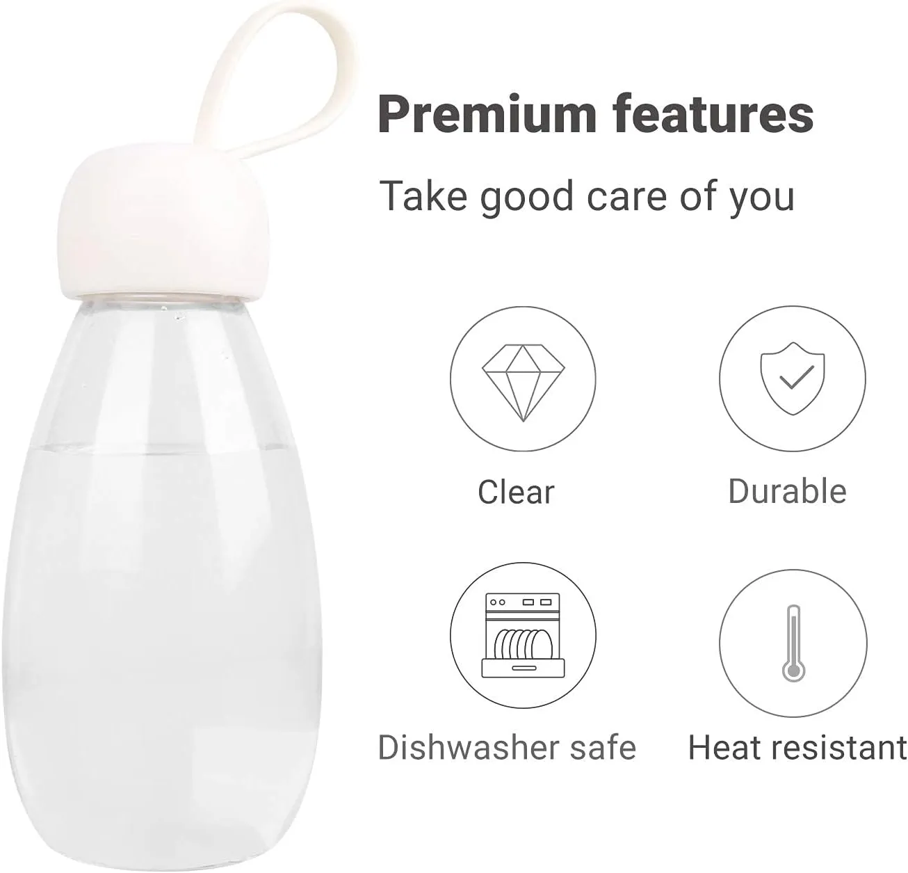 emoi BPA Free Water Bottle, 12oz/360ml Cute Water Bottle with Carrying Strap, Ideal for Kids Boys Girls Students Women Healthy Hydration-White