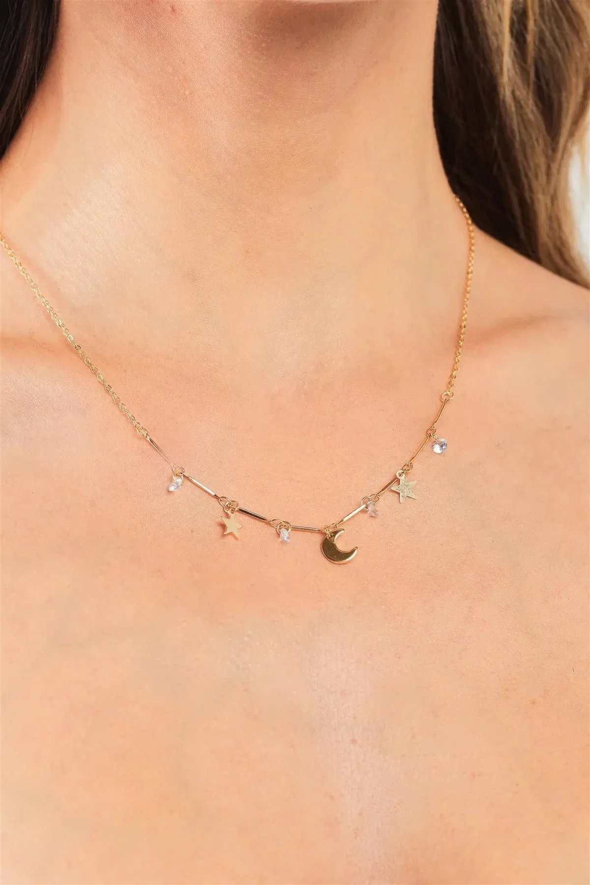 Follow The Moon Gold Star Diamonds Moon Charm Necklace