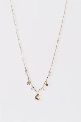 Follow The Moon Gold Star Diamonds Moon Charm Necklace