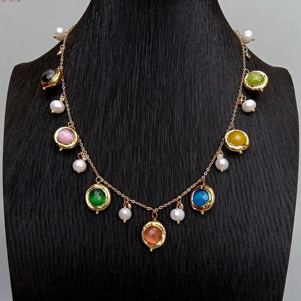 Freshwater Pearl Multi-Color Cat Eye  Necklace