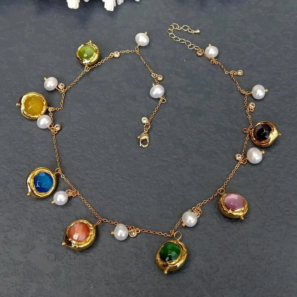 Freshwater Pearl Multi-Color Cat Eye  Necklace