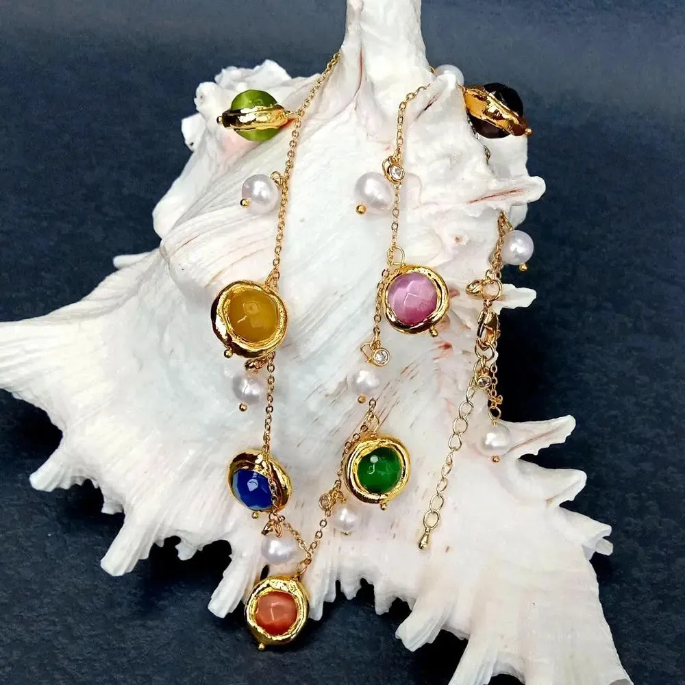 Freshwater Pearl Multi-Color Cat Eye  Necklace